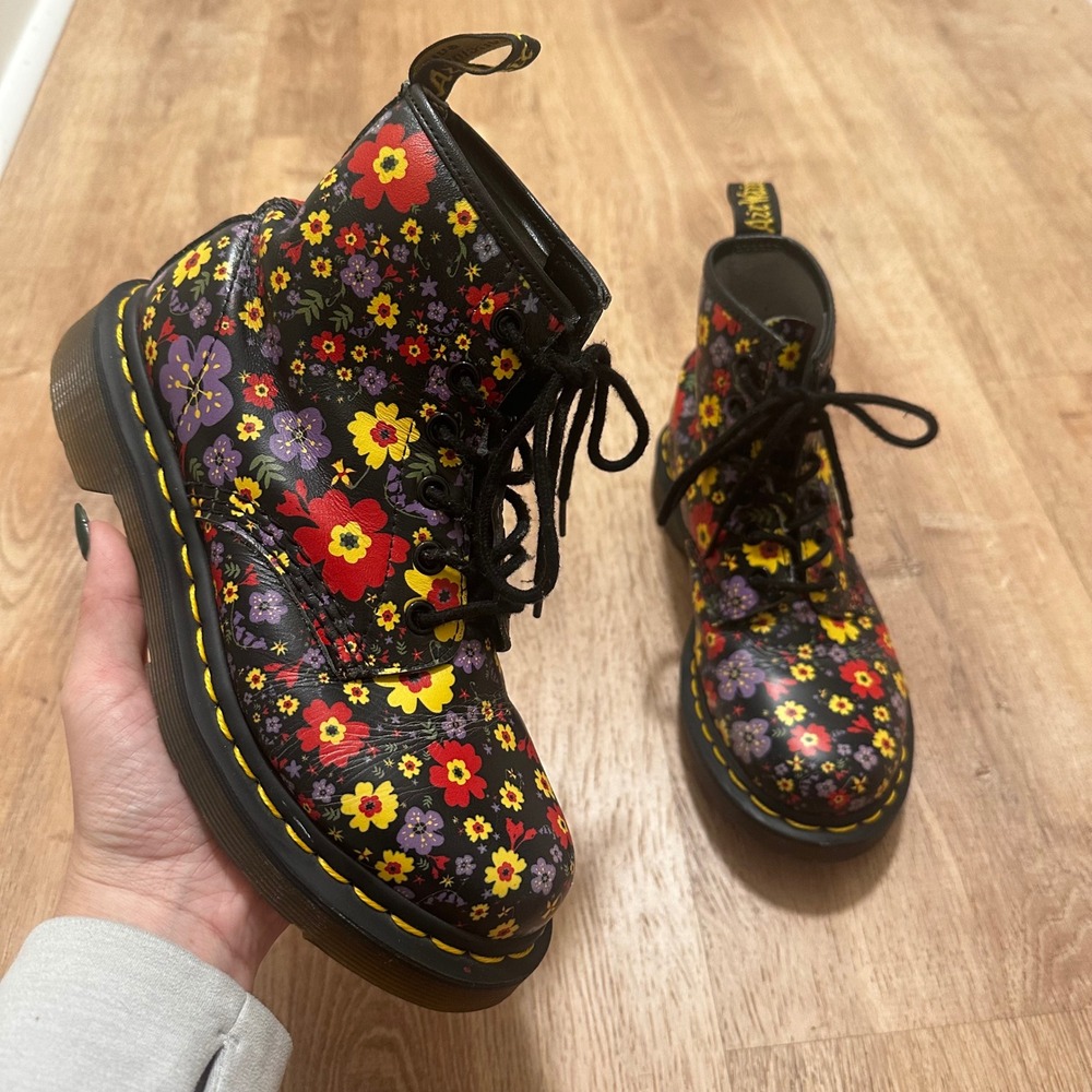 Dr Martens | 1460 Pascal Floral Black Leather Vintage Garden Combat Boots, EU 36